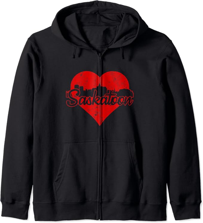 Retro Saskatoon Saskatchewan Canada Skyline Red Heart Zip